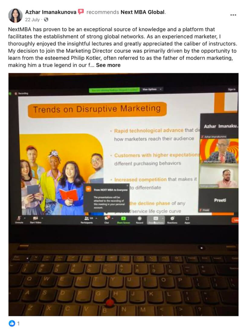 A recommendation of Next MBA Global describing the Marketing Director course, its instructors and opportunities to build professional connections.