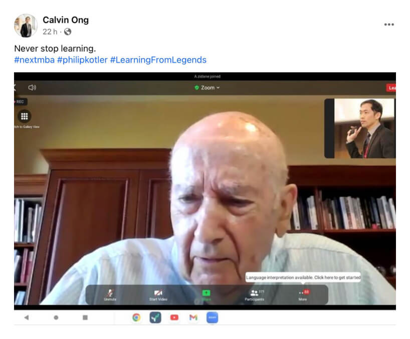 A post about lifelong learning, with a photo of a NEXT MBA video call with Philip Kotler.