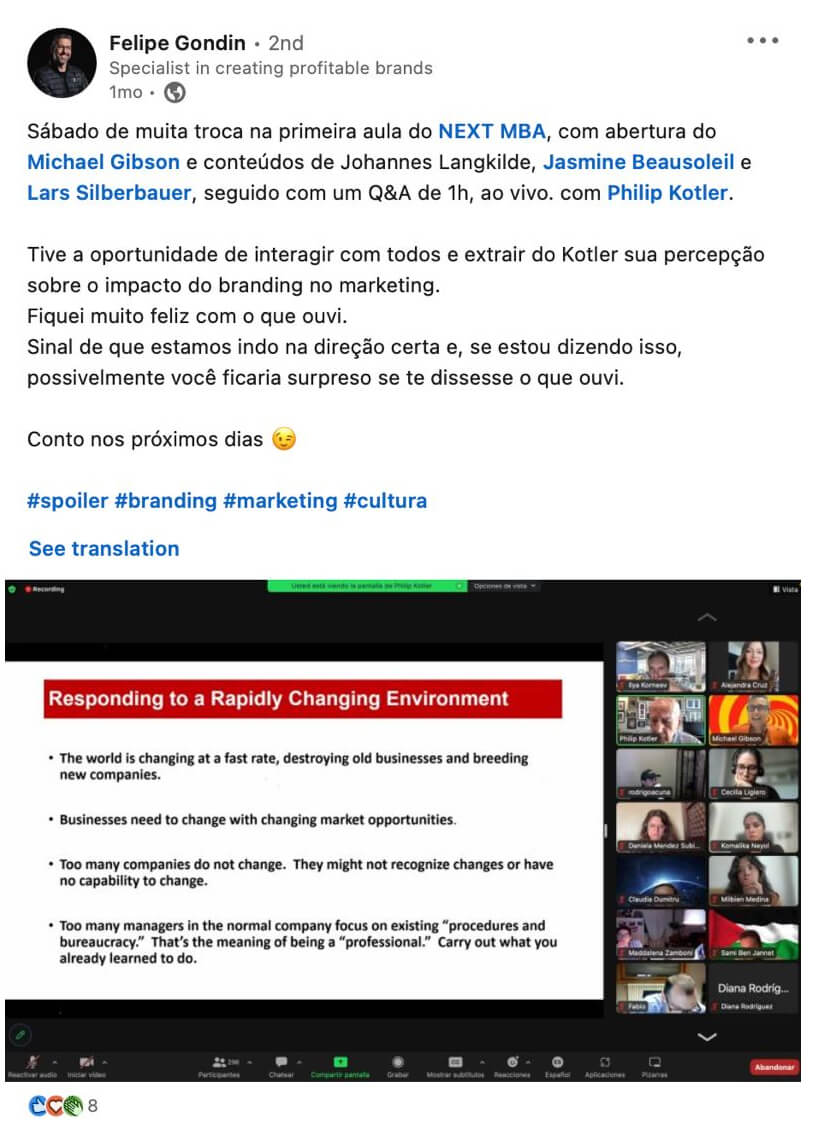 A post in Portuguese about the first NEXT MBA class and a live question-and-answer session with Philip Kotler.
