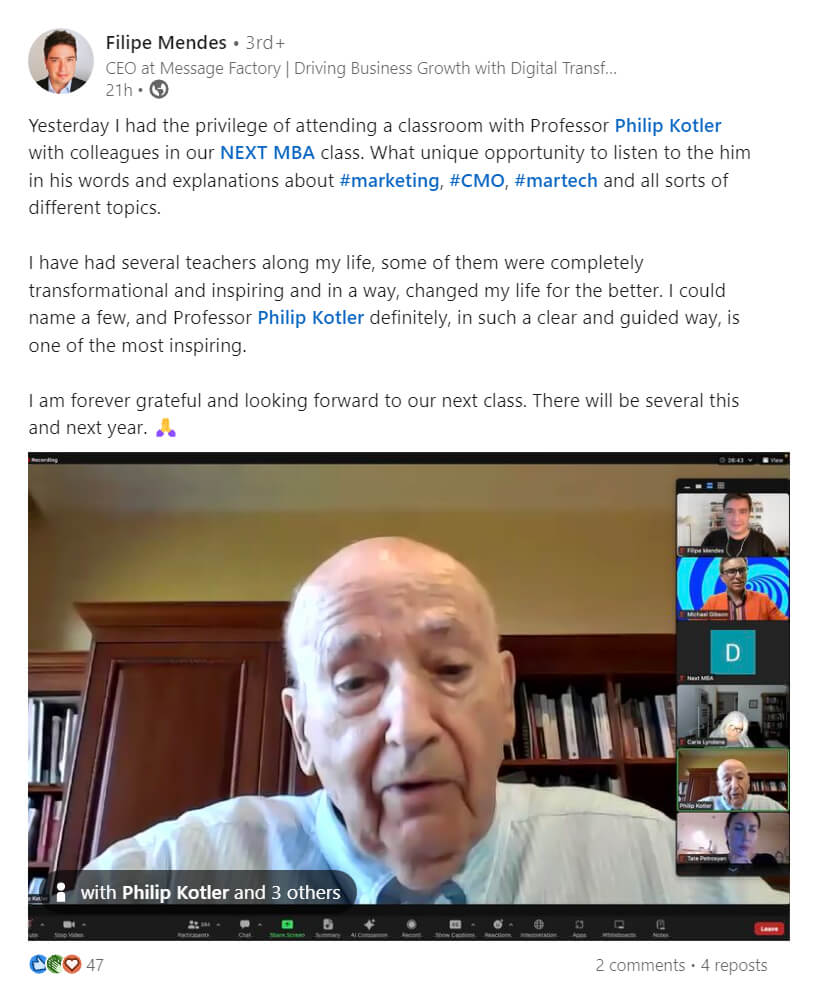 A post about an inspiring NEXT MBA class with Philip Kotler and looking forward to future sessions.