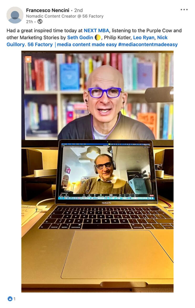 Francesco Nencini’s LinkedIn post about an inspiring NEXT MBA session, with a photo of the live class on his laptop.