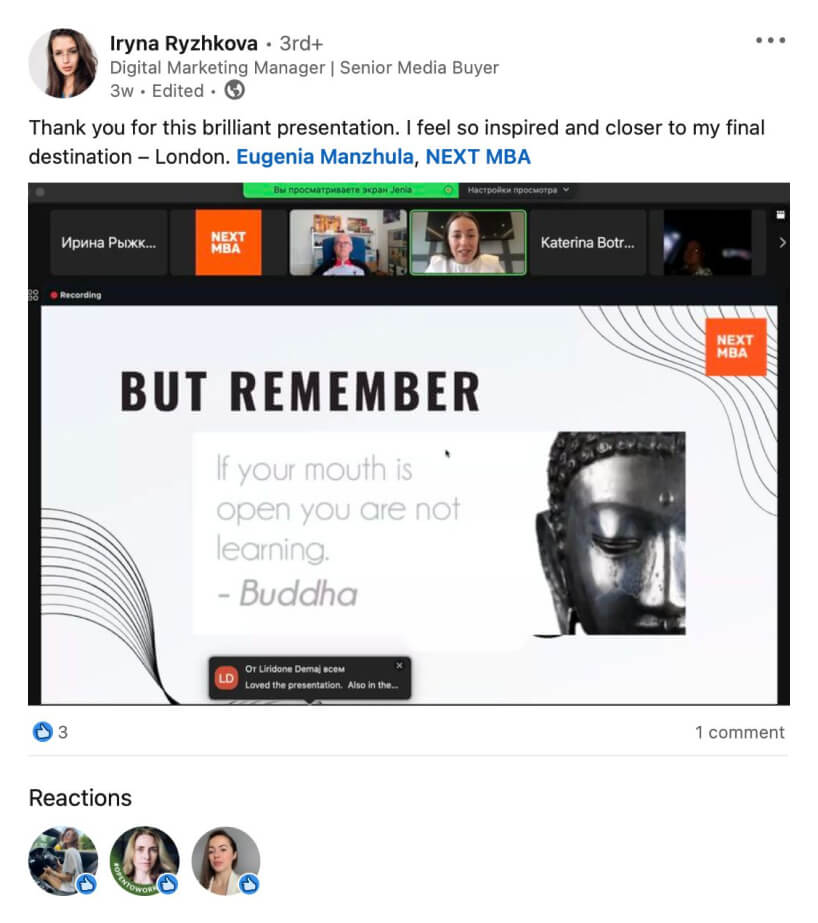 A post thanking Eugenia Manzhula and NEXT MBA for an inspiring presentation, with a screenshot of the live class.