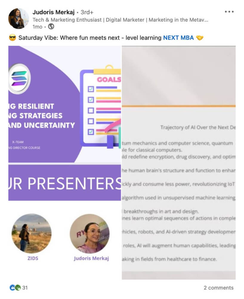 A post sharing a Saturday of learning at NEXT MBA, with photos of marketing and AI presentations.