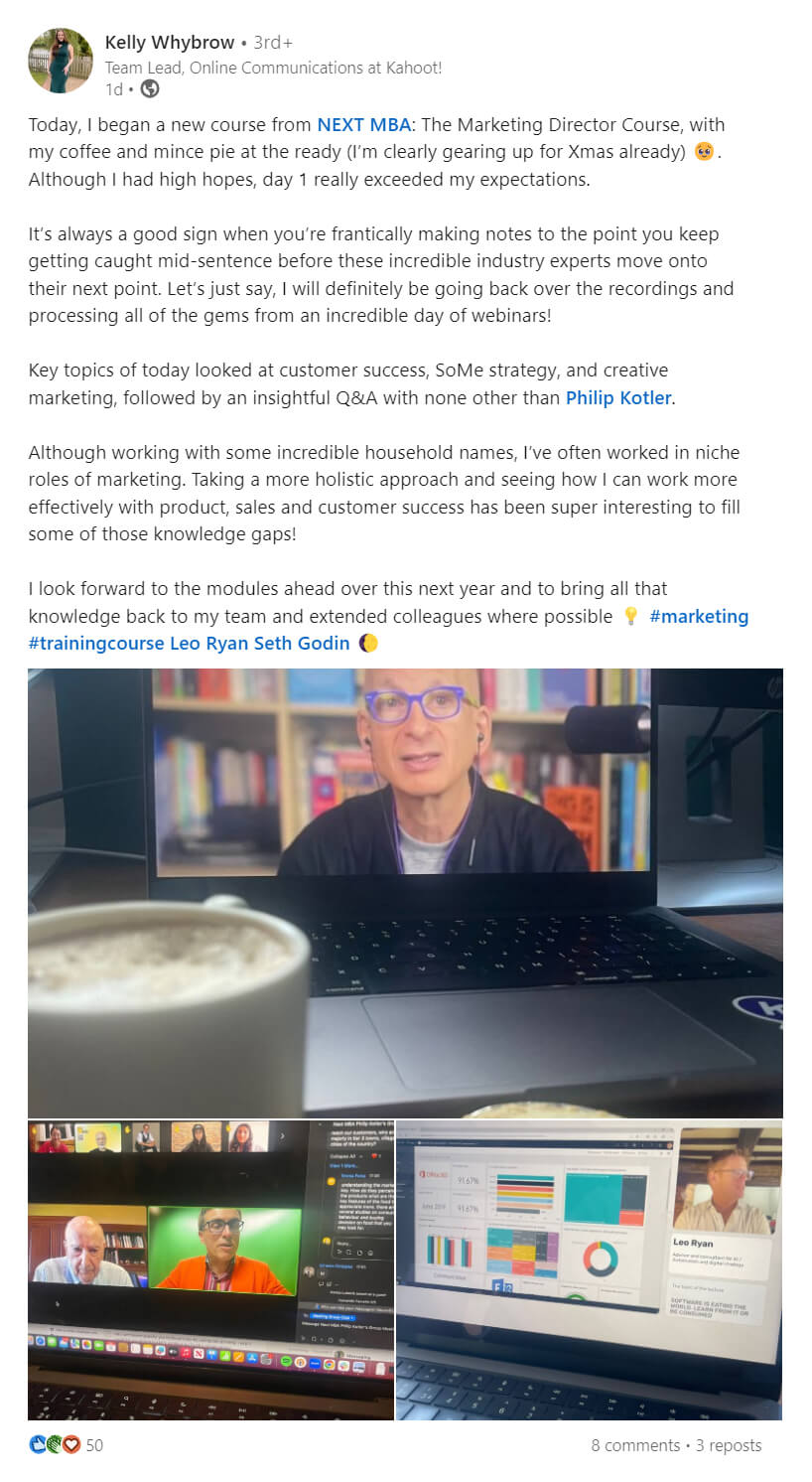 Kelly Whybrow’s LinkedIn post describing the first day of the NEXT MBA Marketing Director Course as exceeding her expectations, with photos of the session.