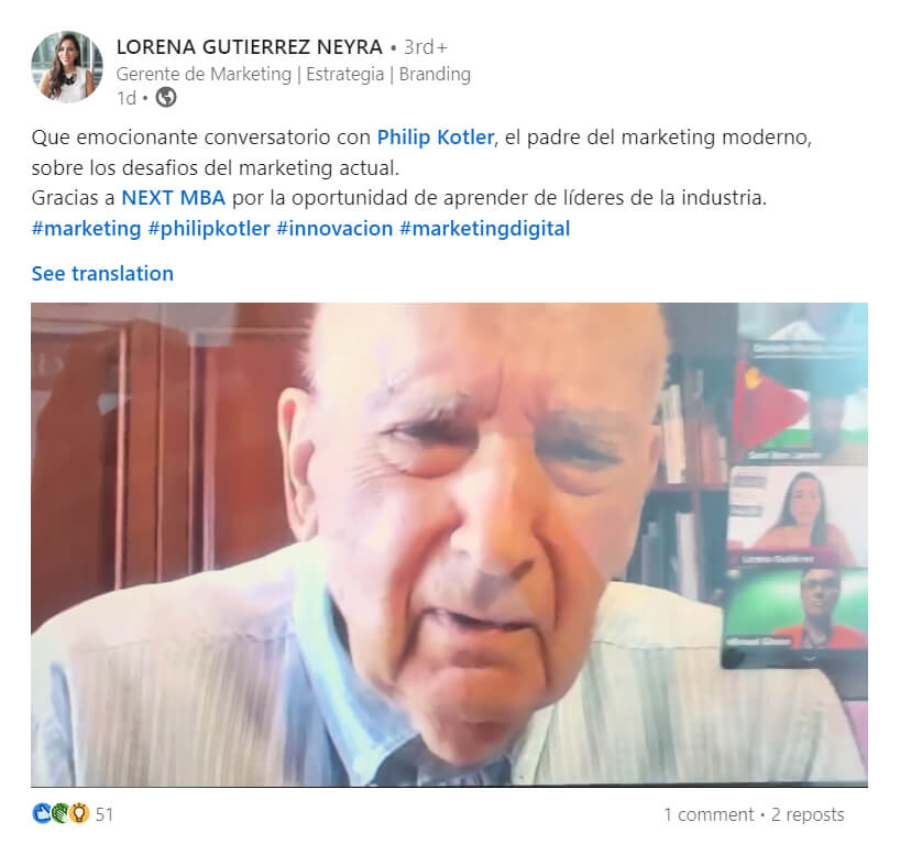 A post in Spanish thanking NEXT MBA for the opportunity to discuss marketing challenges with Philip Kotler.