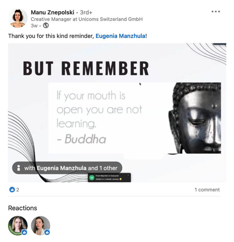 A post thanking Eugenia Manzhula and sharing a slide from a NEXT MBA presentation.
