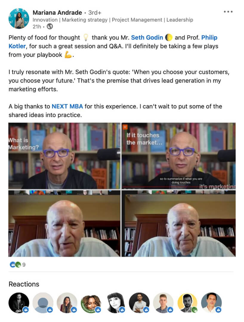 Mariana Andrade’s LinkedIn post thanking NEXT MBA, Seth Godin and Philip Kotler, with images from the classes.