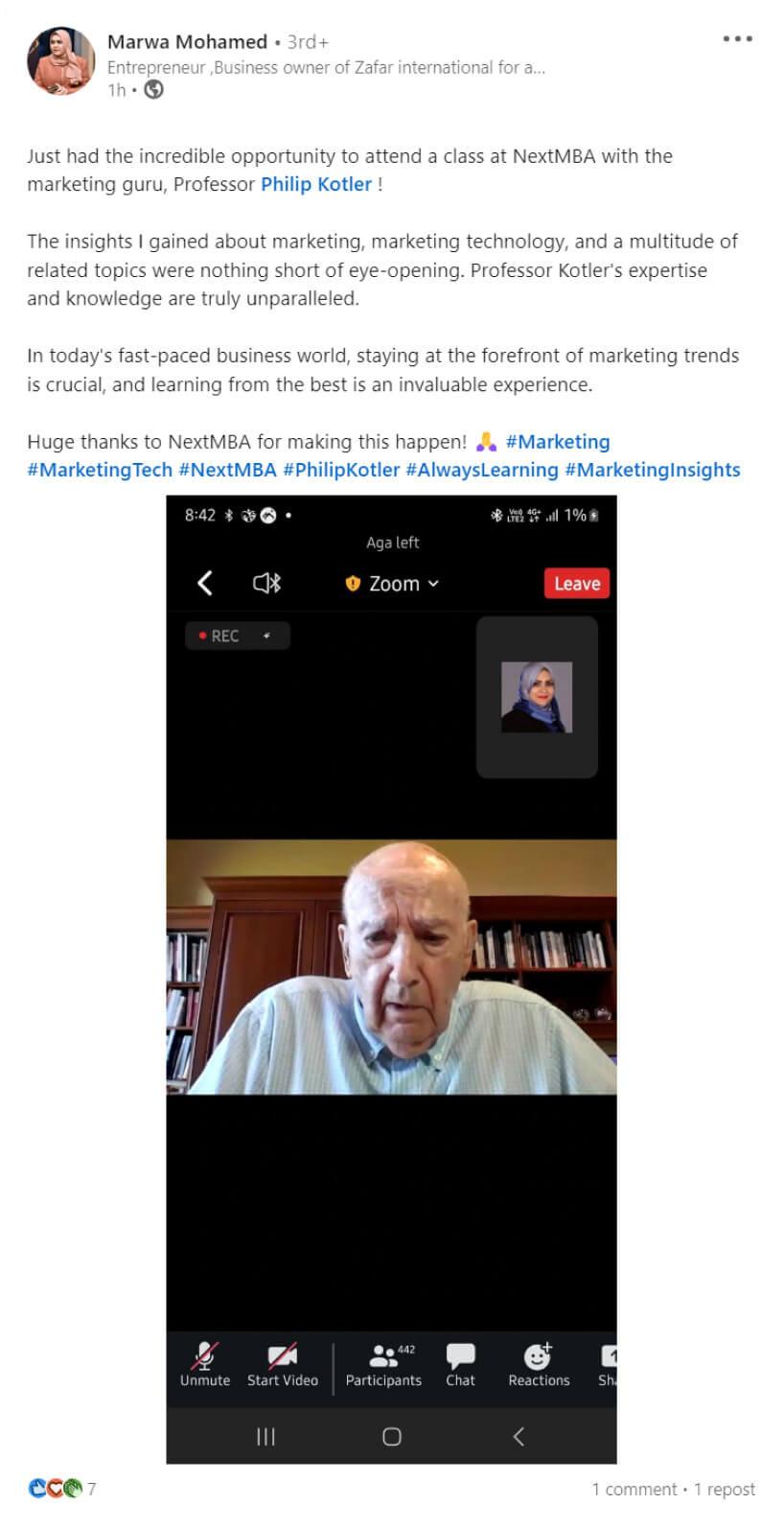 A post thanking NEXT MBA for a class with Philip Kotler and describing insights into marketing and marketing technology.