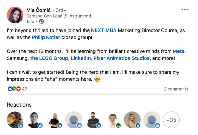 A post sharing excitement about joining the NEXT MBA Marketing Director Course and Philip Kotler’s group.