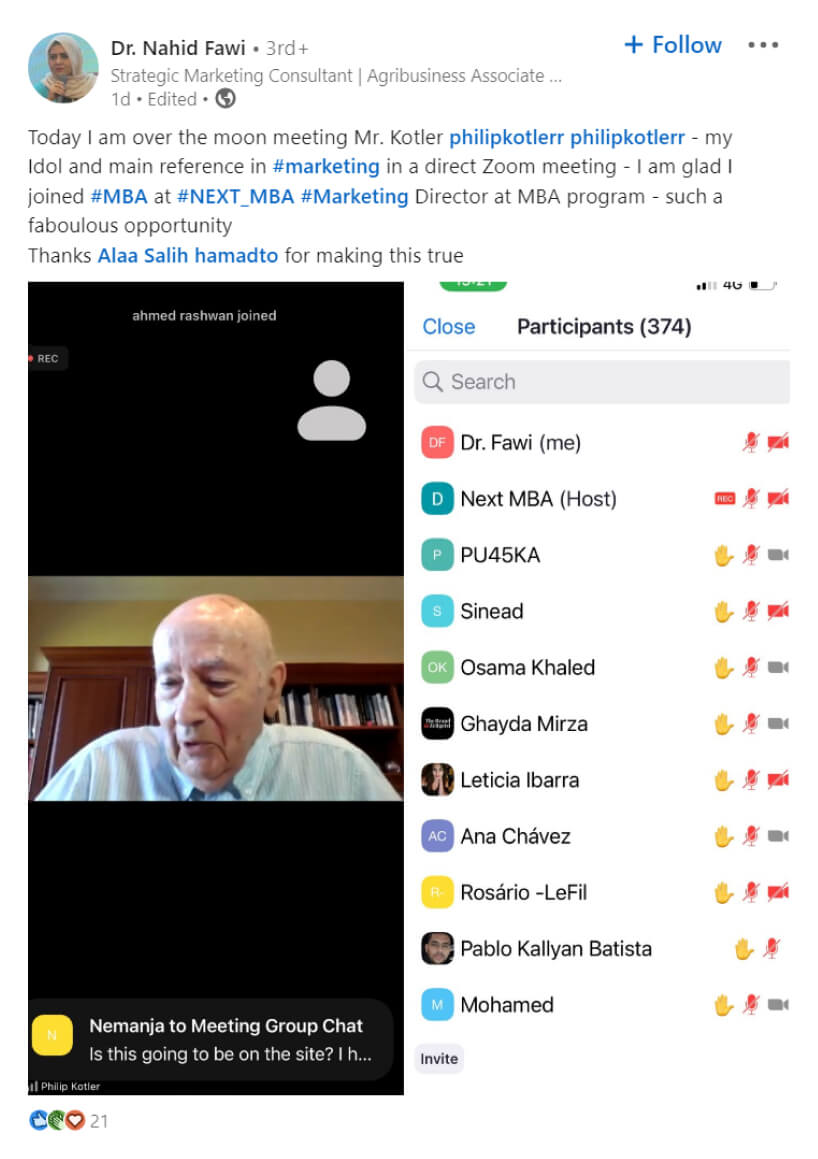 A post about the opportunity to meet Philip Kotler in a direct Zoom session through NEXT MBA.