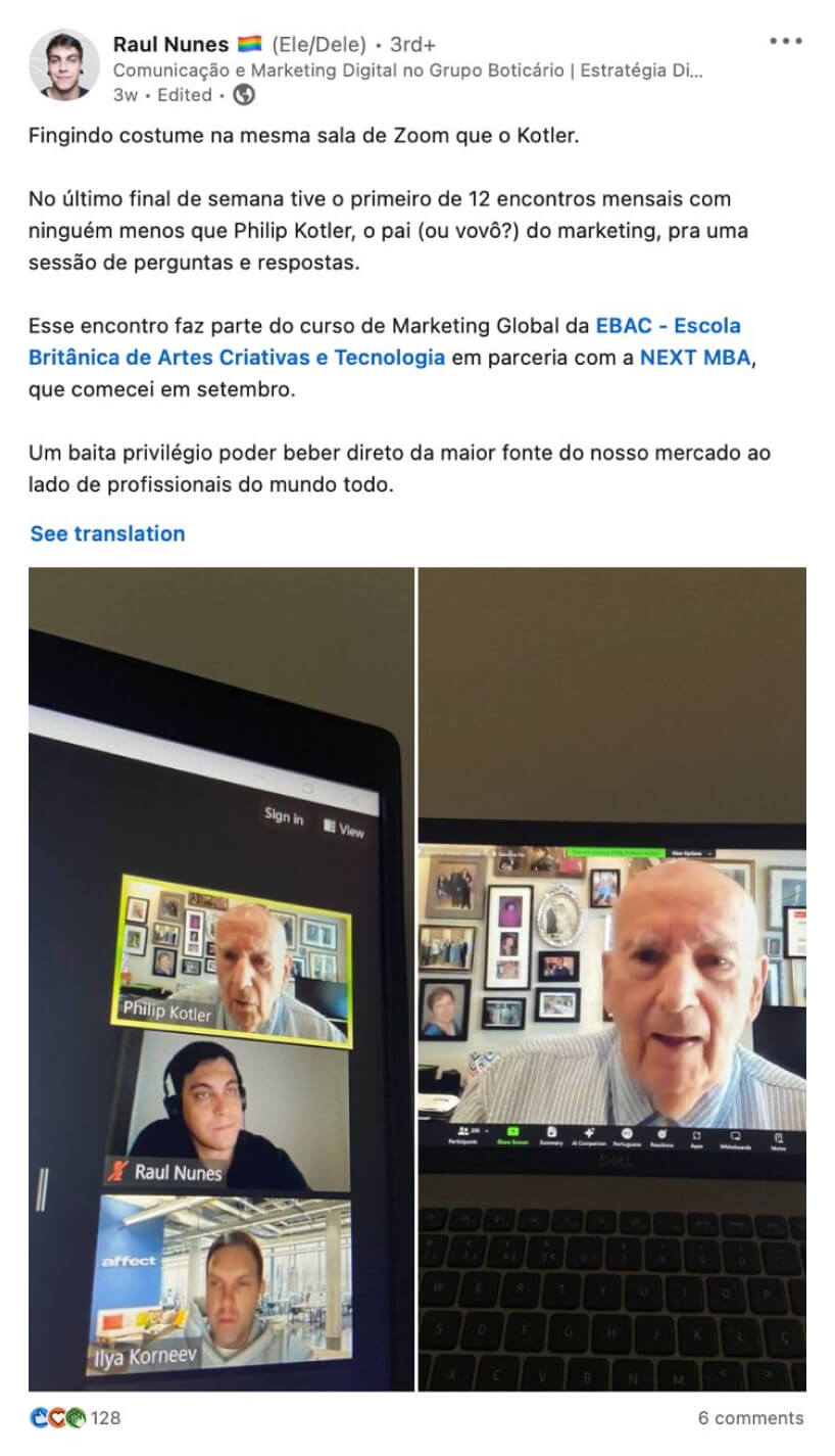 Raul Nunes’s LinkedIn post in Portuguese about a live Philip Kotler Q&A in the Global Marketing course offered by EBAC in partnership with NEXT MBA.