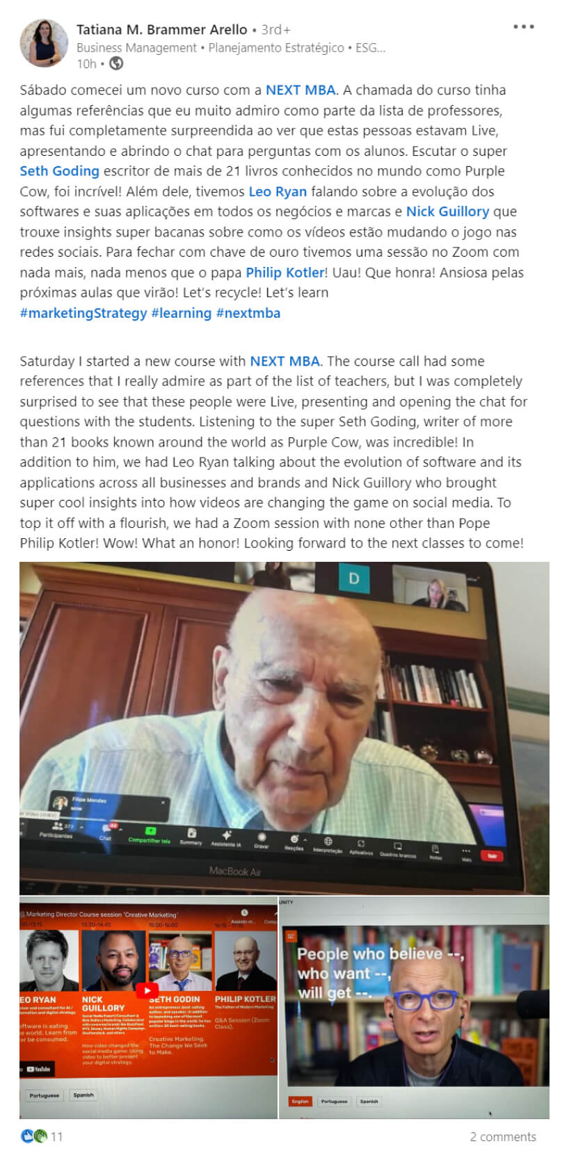 A post in Portuguese and English about joining NEXT MBA and asking questions in live sessions with Seth Godin and Philip Kotler.